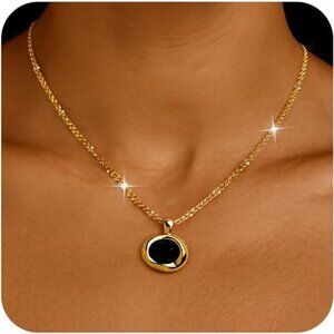 Vintage Black Gemstone Pendant Necklace | 14K Gold Plated Oval Choker